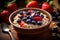 oatmeal adorned with wild berries, tastefully served on a rustic wooden table.