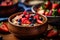 oatmeal adorned with wild berries, tastefully served on a rustic wooden table.