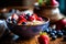 oatmeal adorned with wild berries, tastefully served on a rustic wooden table.