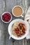 oatmeal with baked fruit and fresh coffee with milk