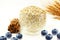 Oatmeal in bowl with blueberry cinnamon and oats ears on white background