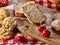 Oatmeal cookies with husk oats and cherry kitchen cutting board