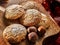 Oatmeal cookies and nut cookies with crack pattern on cutting board