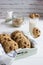 Oatmeal cookies raisin milk.