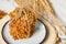 The oatmeal cookies selective focus close up or healthy cereal oat crackers. Crispy anzac biscuit cookie with oat flakes