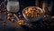 oatmeal granola with nuts, dried fruits, grains, and a glass of milk. Generative AI.