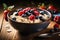 Oatmeal with milk and fruit in the bowl. Muesli with fruits. Healthy breakfast food. Eating healthy breakfast porridge oats