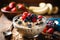 Oatmeal with milk and fruit in the bowl. Muesli with fruits. Healthy breakfast food. Eating healthy breakfast porridge oats