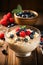 Oatmeal with milk and fruit in the bowl. Muesli with fruits. Healthy breakfast food. Eating healthy breakfast porridge oats