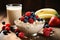 Oatmeal with milk and fruit in the bowl. Muesli with fruits. Healthy breakfast food. Eating healthy breakfast porridge oats