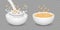 Oatmeal. Milk, muesli, wheat healthy organic food. Realistic vector white bowls with oatmeal