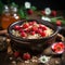 Oatmeal porridge with strawberry slices and nuts on bowl