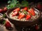 Oatmeal porridge with strawberry slices and nuts on bowl