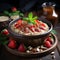 Oatmeal porridge with strawberry slices and nuts on bowl