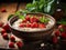 Oatmeal porridge with strawberry slices and nuts on bowl