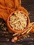 Oatmeal spoon  diet  wooden background cereal, grain