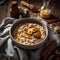 oatmeal topped with bananas and honey placed on a cozy knit placemat.