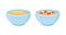 Oats bowl vector icon set. Oatmeal sweet with strawberry breakfast cup, oat grain porridge. Cartoon muesli, flake for healthy