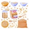 Oats cereal grain in sack. Oatmeal porridge in glass jar and bowl. Vector illustration. Breakfast food design elements