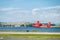 Oban Scotland - May 17 2017: Red Air ambulance starting to fly back to Ireland