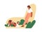 Obedient dog obeying down command of its female trainer. Pet owner training and teaching doggy. Canine animal and