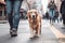 Obedient golden retriever pet dog with leash walking in busy city street with owner during summer. Created with