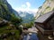 `Obersee` in the german alps with wooden boathouse