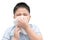 Obese boy got nose allergy, flu sneezing nose isolated