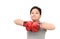 Obese boy show muscle with red boxing gloves