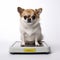 Obese Chihuahua sitting on a scale that shows OVERWEIGHT on the display. Generative AI