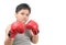 Obese fat boy kid fighting with red boxing gloves