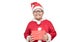 Obese fat boy in santa claus suit holding gift box and smile