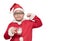 Obese fat boy in santa claus suit holding milk glass