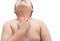 Obese fat boy scratch the itch with hand, throat irritation
