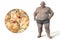 Obese man and close-up view of fat cells, 3D illustration. Concept of obesity