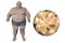 Obese man and close-up view of fat cells, 3D illustration. Concept of obesity