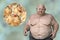 Obese man and close-up view of fat cells, 3D illustration. Concept of obesity