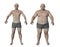 Obese man before and after gaining weight, 3D illustration. Concept of obesity