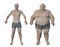 Obese man before and after gaining weight, 3D illustration. Concept of obesity
