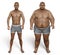 Obese man before and after gaining weight, 3D illustration. Concept of obesity