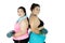 Obese women doing workout with dumbbells