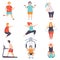 Obesity people wearing sports uniform doing fitness exercises set, fat men and women doing sports, weight loss program