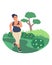 Obesity and weight problems. Fat woman jogging in the park, flat vector illustration. Weight loss, healthy lifestyle.
