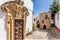 Obidos, Portugal. Misericordia Church portal and the Medieval Sephardic Synagogue in background