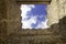 Obidos, Portugal: Point of view of the medieval castle of Obidos in Portugal. Low prospective of the castle tower against the blue