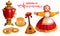 Object and accessory for Russian holiday Maslenitsa. Straw Scarecrow, samovar, pancakes, balalaika and text for greeting card