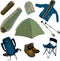 object set of outdoor equipment, camping, hiking items: sleeping bag, tent, backpack, tourist thermos, trekking poles, boots,