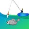 Object on white background man who fishing in open sea. Fishing cartoon. Fisherman in boat pulling fish.