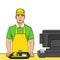 Object on white background, point. A young guy in uniform works at the fast food box office. Comic style, food, raster