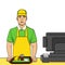 Object on white background, point. A young guy in uniform works at the fast food box office. Comic style, food, vector